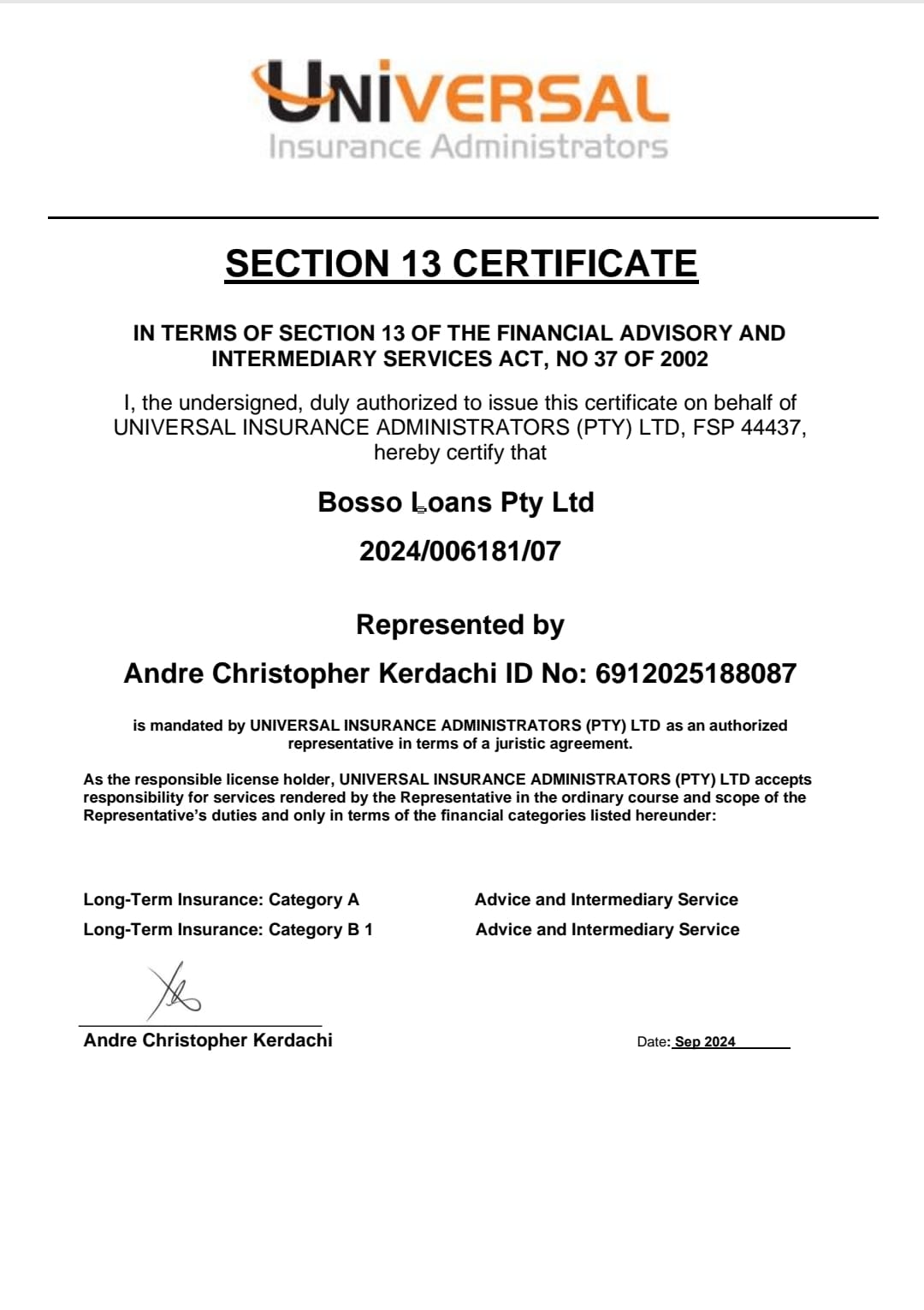 Universal Section 13 Certificate